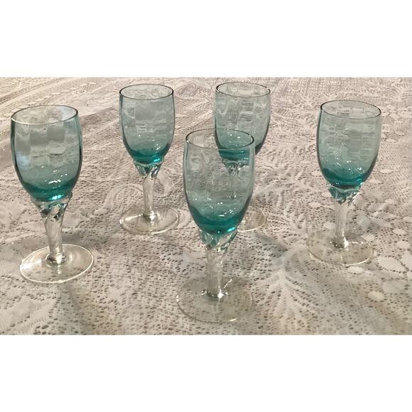 Empoli Italian Teal Blue Twisted Stemware 5 Stem Cordials Glass Set 4.25” - Picture 2 of 9